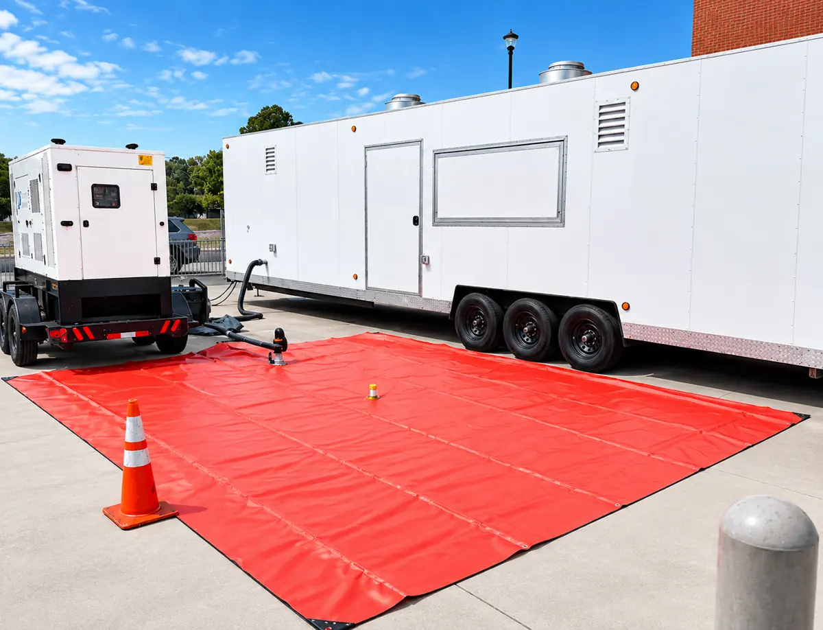 Wastewater bladder bag laid out beside a trailer and generator