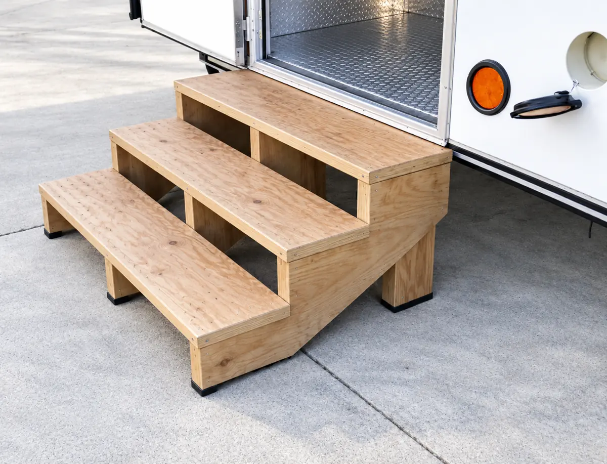 Wooden entry stairs placed at a trailer door