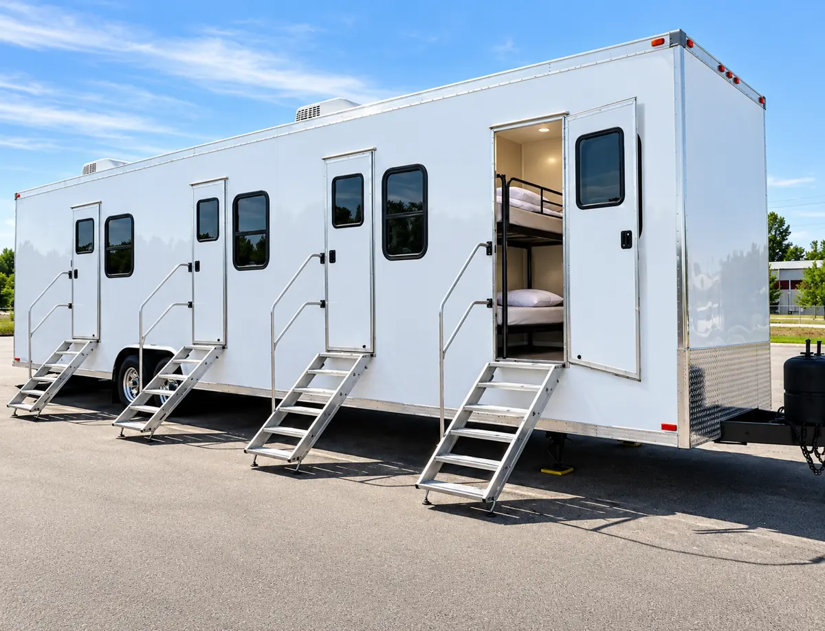 Multi-room sleeper trailer with individual entry stairs, one door open to a bunk room
