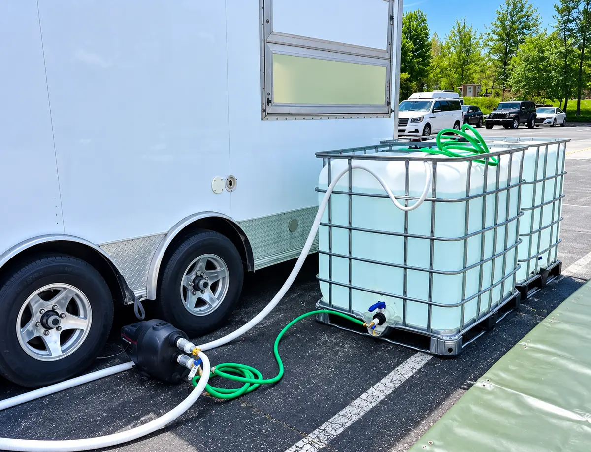 Portable water storage tanks connected to a trailer with hoses